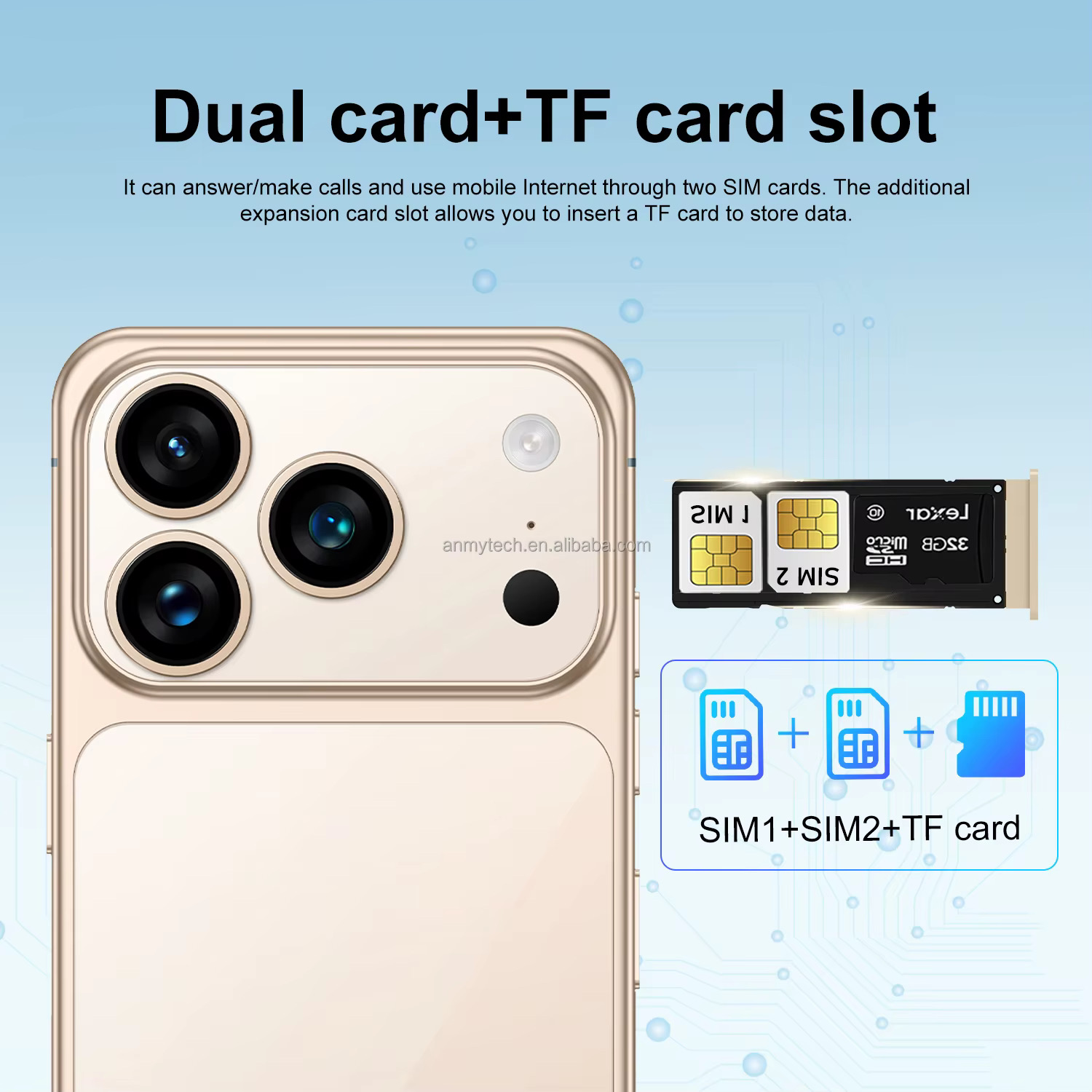 Dual SIM + TF card. 1TB, expandable.